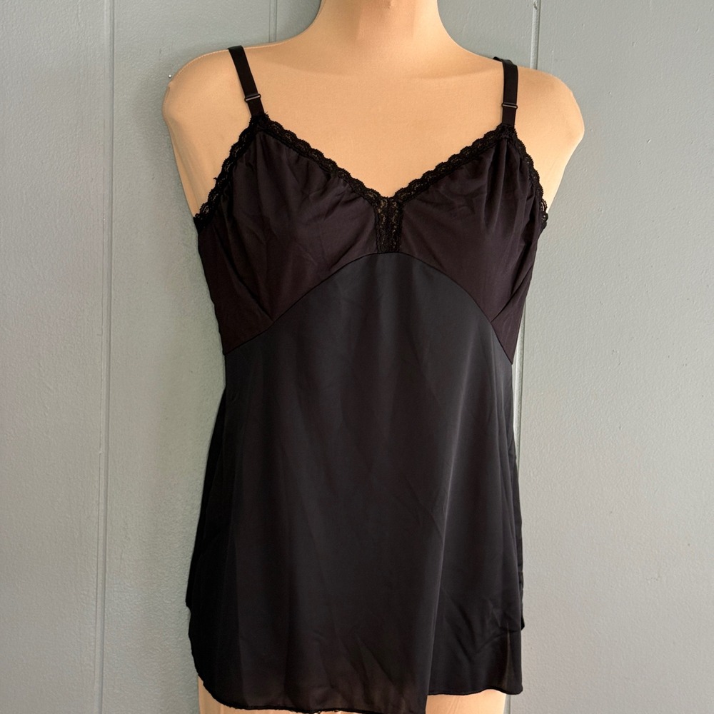 Shadowline Vintage Black Nylon Lace Trim Camisole Slip Top Made USA Sz 38‎ S/M